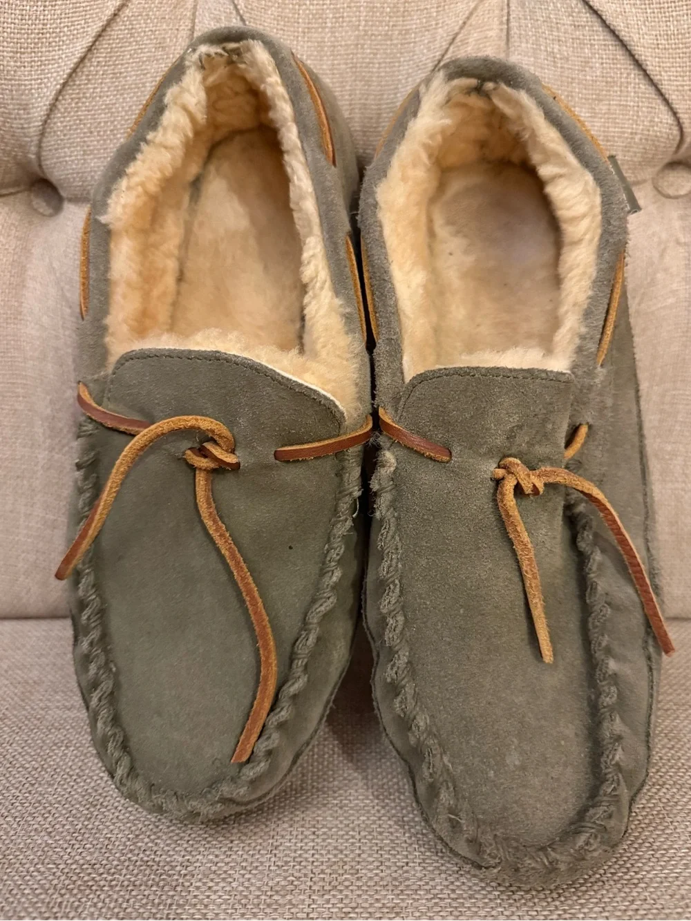 L.L. Bean Olive Green Suede Shearling-Lined Moccasins